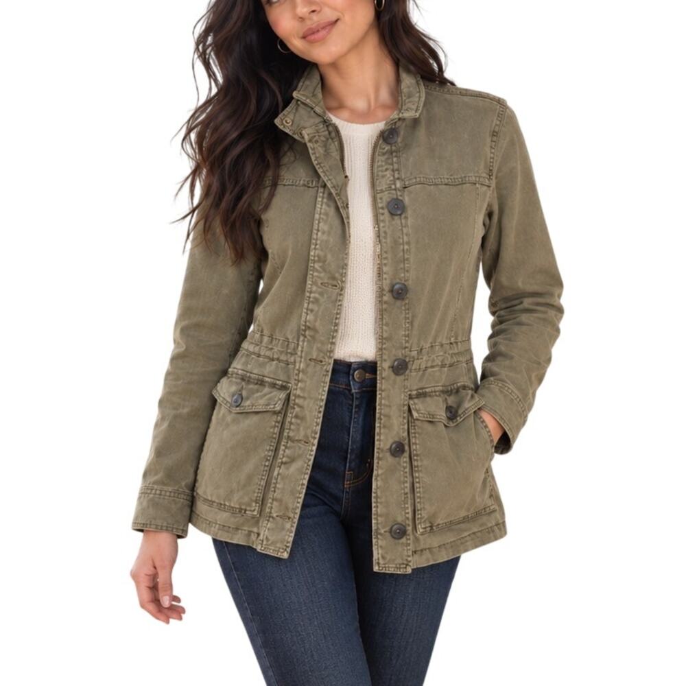 Lucky Brand Olive Green Utility Zip Jacket Button Accents XS